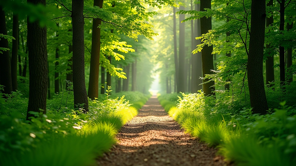 Pažtexgreenltd miško kelias, žali medžiai iš abiejų pusių, natūrali gamta be žmonių, ramybė